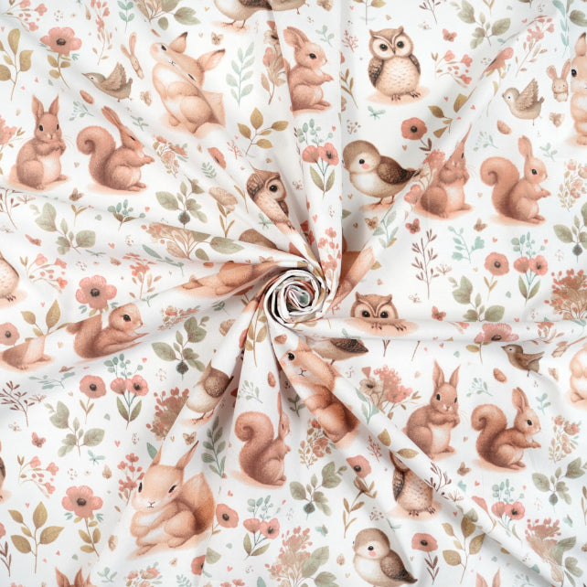 Tissu Coton Chouette Ecureuils et Fleurs Fond Blanc | Laize 1m60