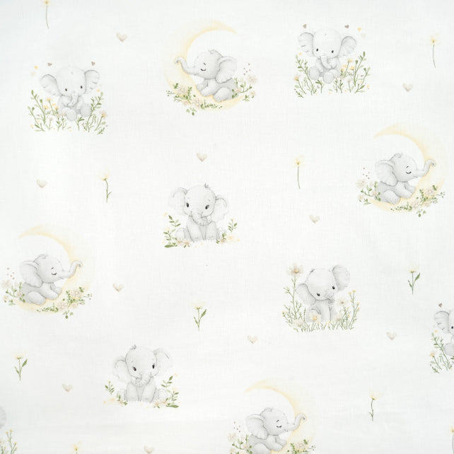 Tissu Coton Eléphant Lune Fond Blanc | Laize 1m60