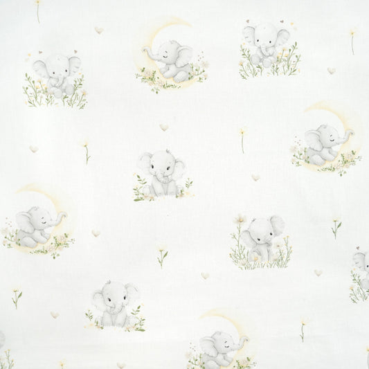 Tissu Coton Eléphant Lune Fond Blanc | Laize 1m60