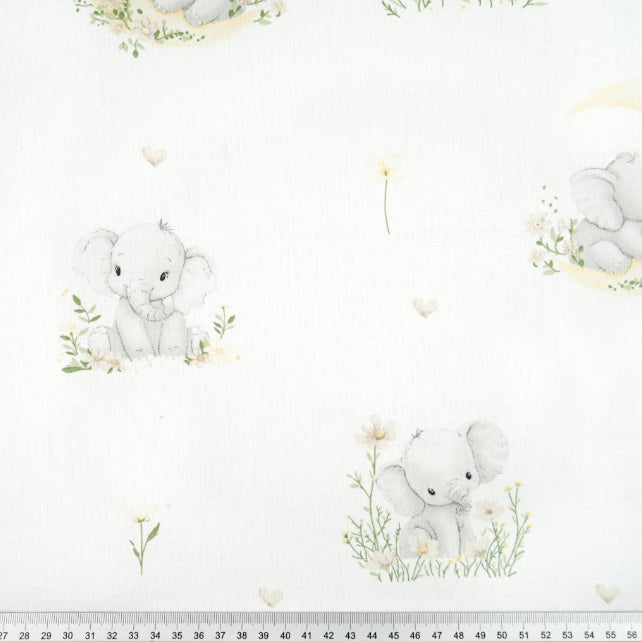Tissu Coton Eléphant Lune Fond Blanc | Laize 1m60