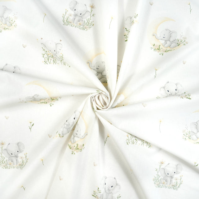 Tissu Coton Eléphant Lune Fond Blanc | Laize 1m60