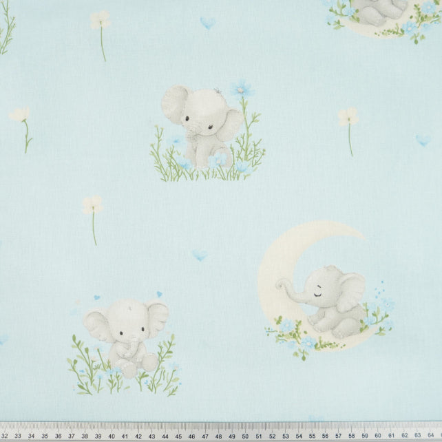 Tissu Coton Eléphant Lune Fond Bleu | Laize 1m60