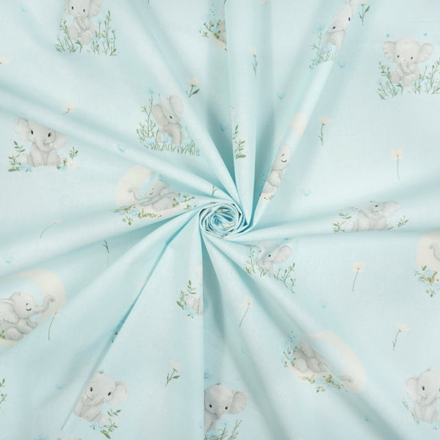 Tissu Coton Eléphant Lune Fond Bleu | Laize 1m60