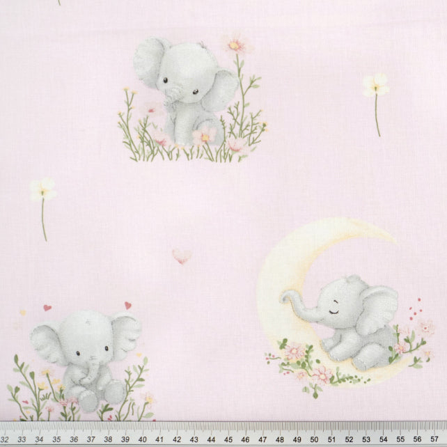 Tissu Coton Eléphant Lune Fond Rose Clair | Laize 1m60