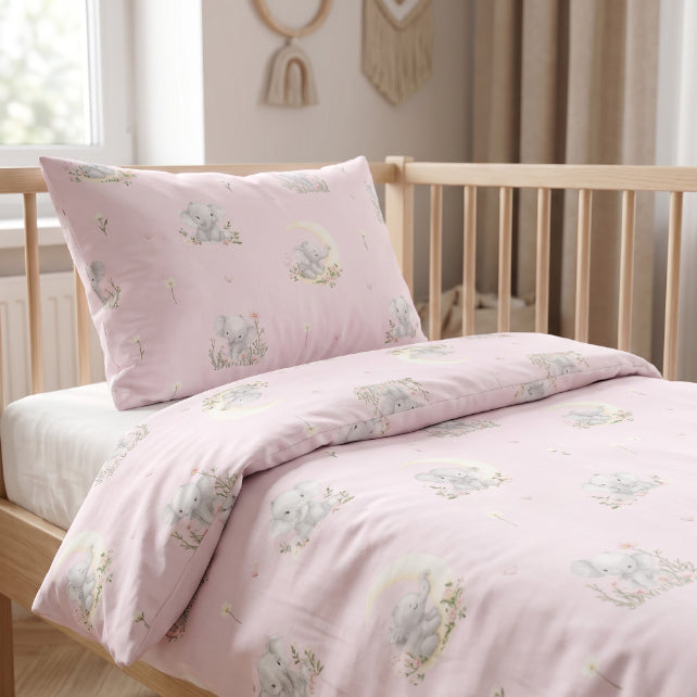 Tissu Coton Eléphant Lune Fond Rose Clair | Laize 1m60