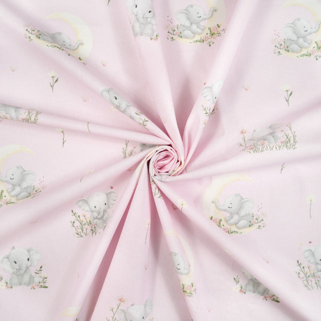 Tissu Coton Eléphant Lune Fond Rose Clair | Laize 1m60