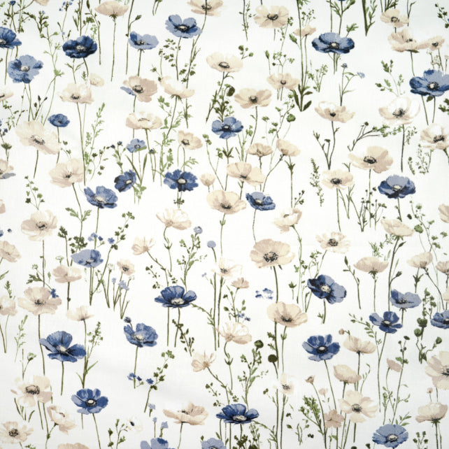 Tissu Coton Fleurs Coquelicots Bleu Navy Beiges Fond Blanc | Laize 1m55