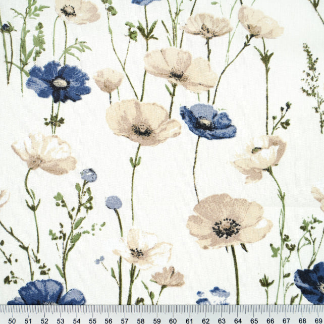 Tissu Coton Fleurs Coquelicots Bleu Navy Beiges Fond Blanc | Laize 1m55