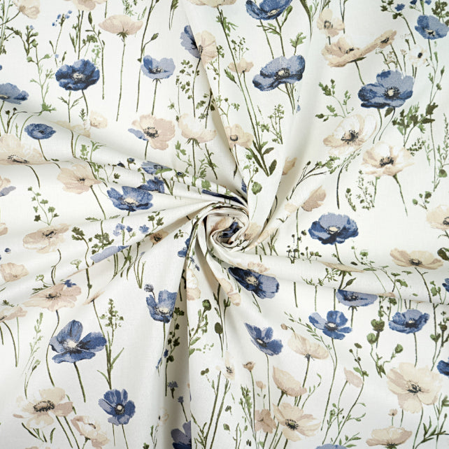 Tissu Coton Fleurs Coquelicots Bleu Navy Beiges Fond Blanc | Laize 1m55
