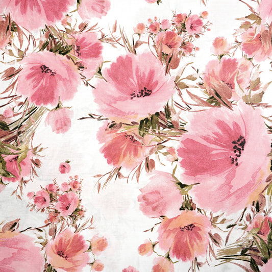 Tissu Coton Grand Coquelicots Roses Fond Blanc | Laize 1m55