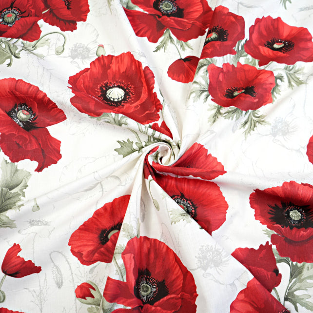 Tissu Coton Grand Coquelicots Rouges Fond Blanc | Laize 1m55