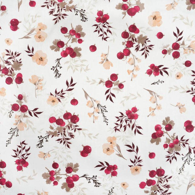 Tissu Coton Fleurs Groseilles Beige Burgundy Fond Blanc | Laize 1m55