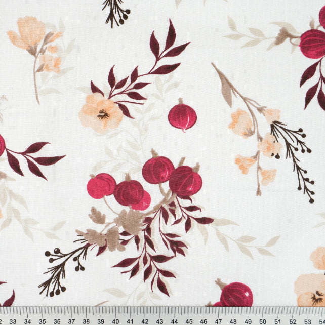 Tissu Coton Fleurs Groseilles Beige Burgundy Fond Blanc | Laize 1m55