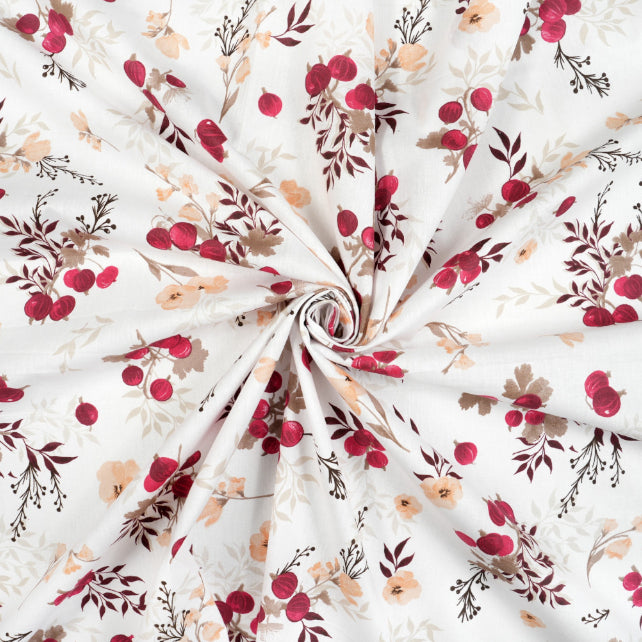 Tissu Coton Fleurs Groseilles Beige Burgundy Fond Blanc | Laize 1m55