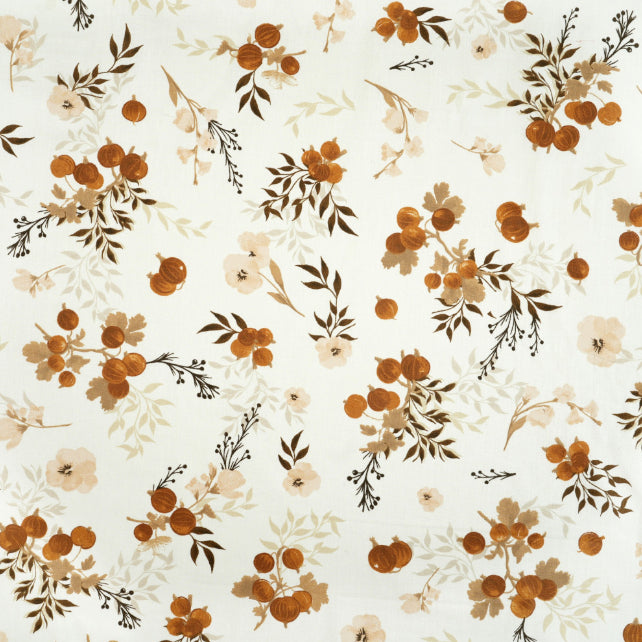 Tissu Coton Fleurs Groseilles Beige Brun Fond Blanc | Laize 1m55