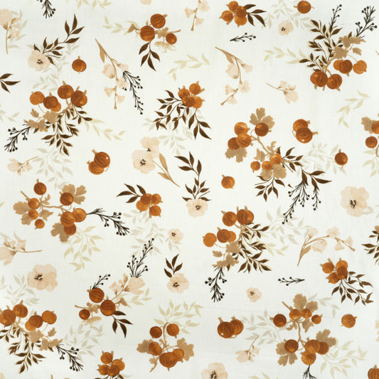 Tissu Coton Fleurs Groseilles Beige Brun Fond Blanc | Laize 1m55