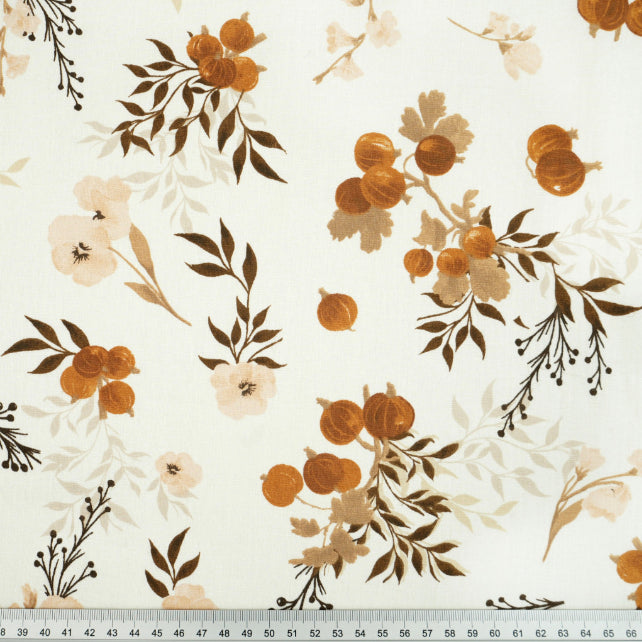 Tissu Coton Fleurs Groseilles Beige Brun Fond Blanc | Laize 1m55