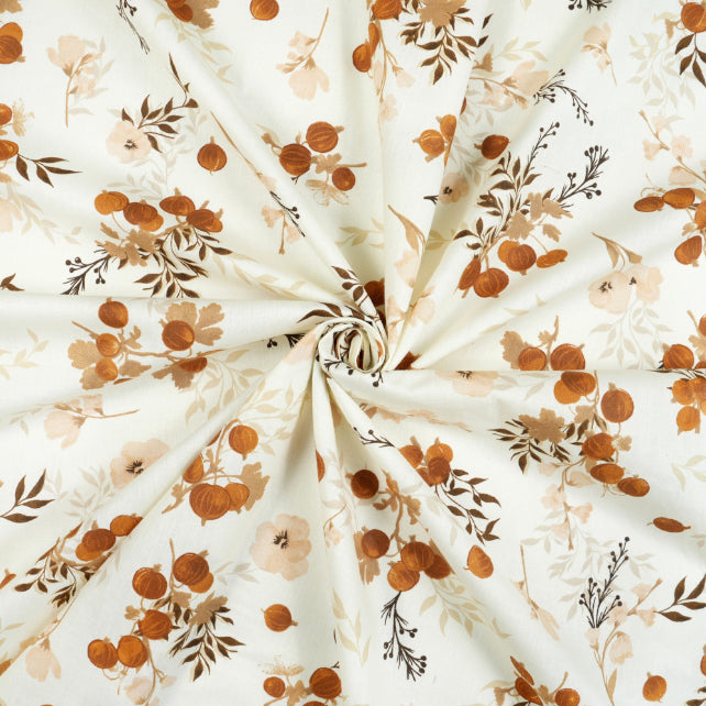 Tissu Coton Fleurs Groseilles Beige Brun Fond Blanc | Laize 1m55