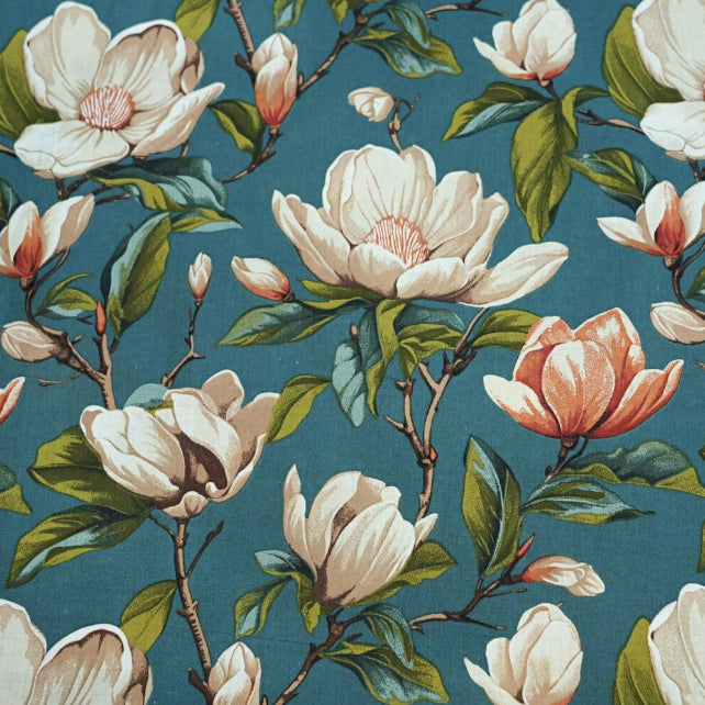 Tissu Coton Magnolias Beiges Fond Océan | Laize 1m55