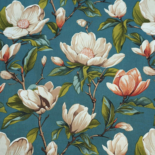 Tissu Coton Magnolias Beiges Fond Océan | Laize 1m55