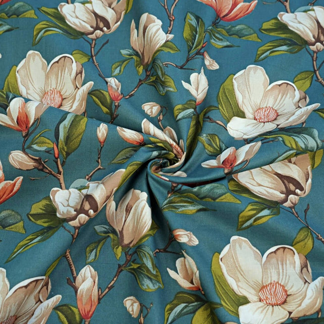 Tissu Coton Magnolias Beiges Fond Océan | Laize 1m55