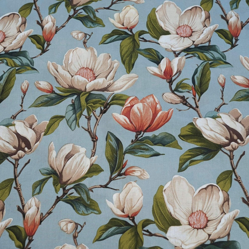 Tissu Coton Magnolias Beiges Fond Bleu-Gris | Laize 1m55