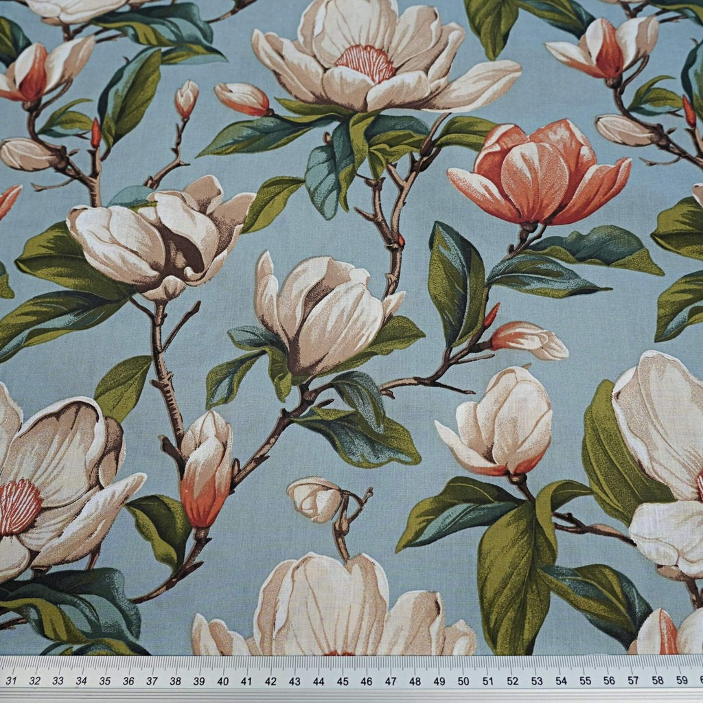 Tissu Coton Magnolias Beiges Fond Bleu-Gris | Laize 1m55