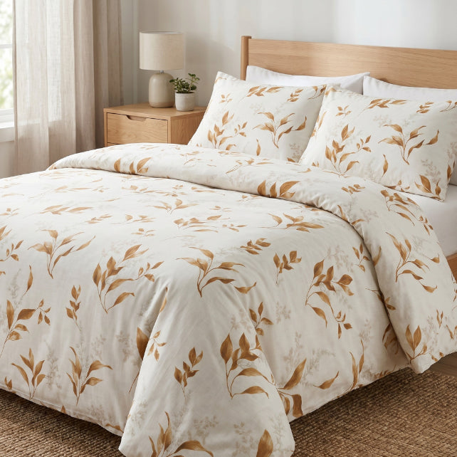 Tissu Coton Grandes Feuilles Beiges Fond Ecru | Laize 1m55