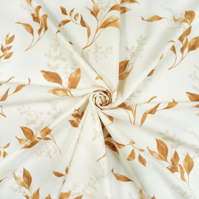 Tissu Coton Grandes Feuilles Beiges Fond Ecru | Laize 1m55