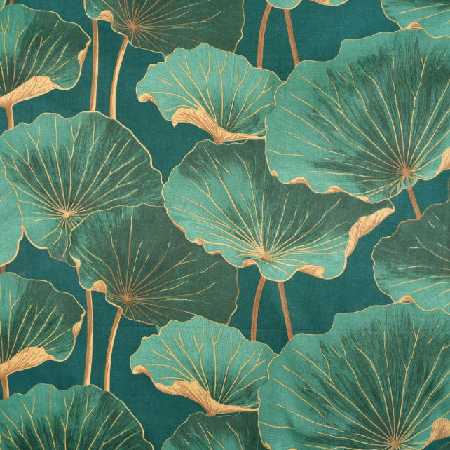 Tissu Coton Fleur de Lotus Fond Vert | Laize 1m55