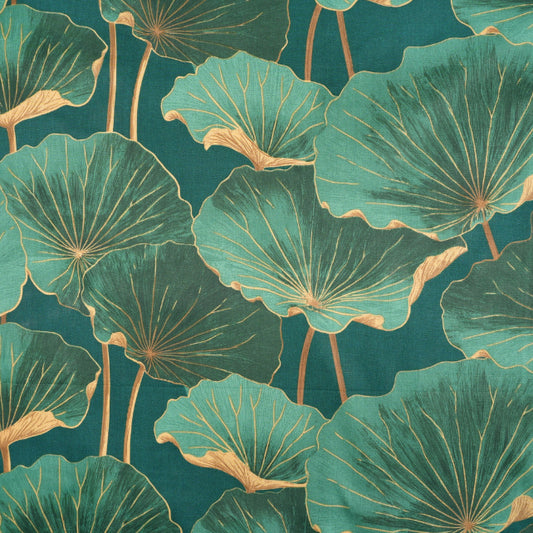 Tissu Coton Fleur de Lotus Fond Vert | Laize 1m55