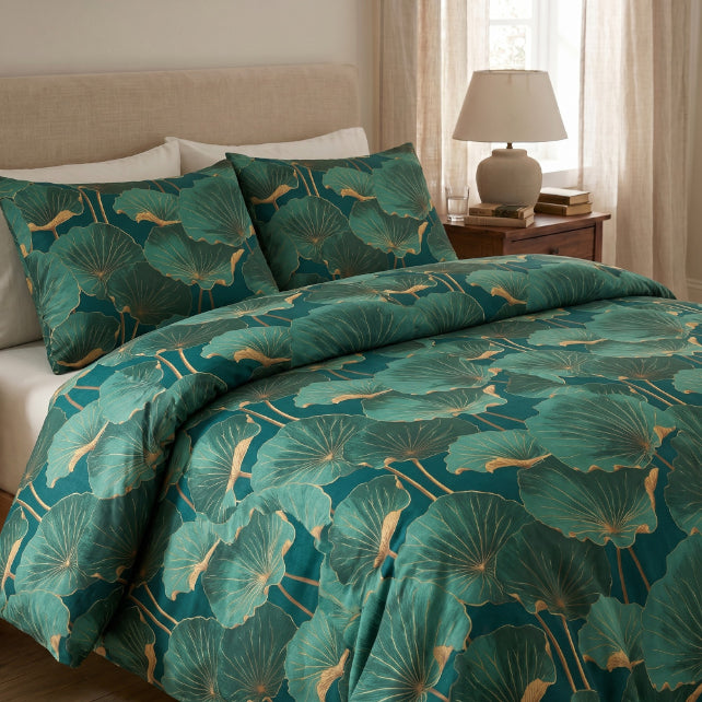 Tissu Coton Fleur de Lotus Fond Vert | Laize 1m55