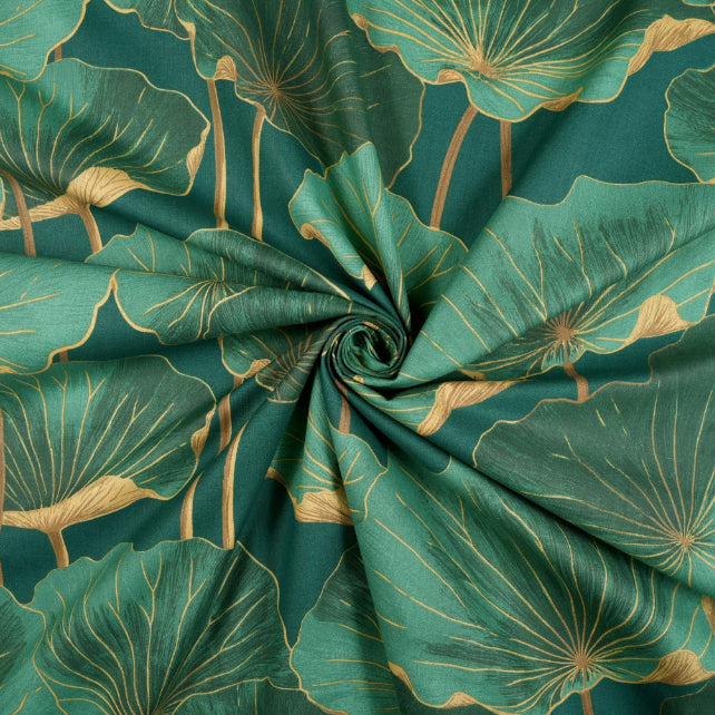 Tissu Coton Fleur de Lotus Fond Vert | Laize 1m55