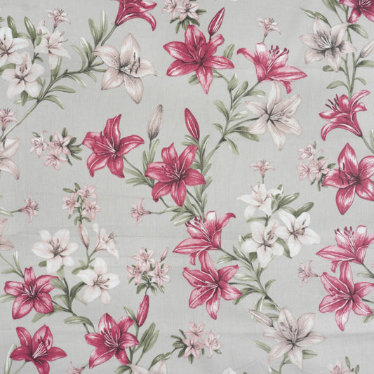 Tissu Coton Grandes Fleurs de Lys Burgundy Fond Gris | Laize 1m55