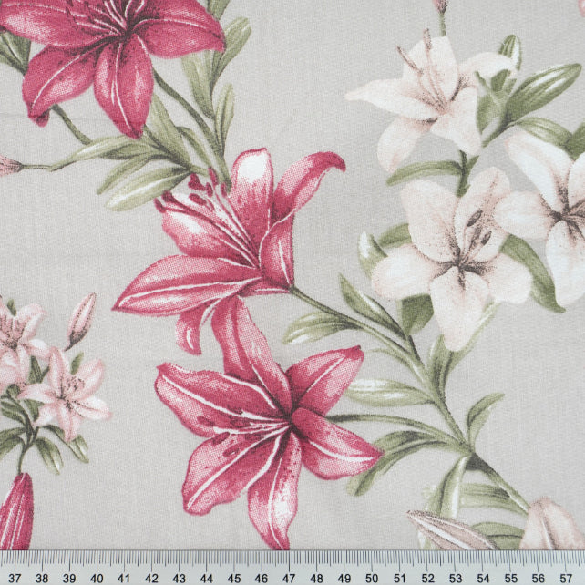Tissu Coton Grandes Fleurs de Lys Burgundy Fond Gris | Laize 1m55