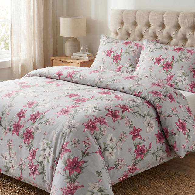 Tissu Coton Grandes Fleurs de Lys Burgundy Fond Gris | Laize 1m55