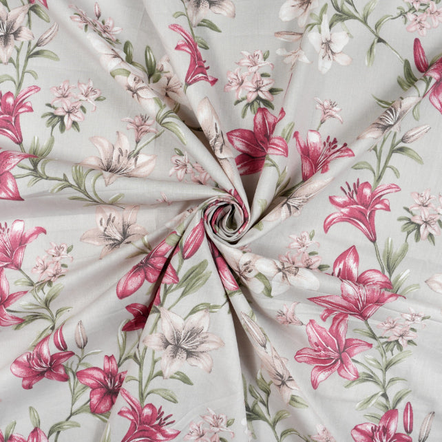 Tissu Coton Grandes Fleurs de Lys Burgundy Fond Gris | Laize 1m55