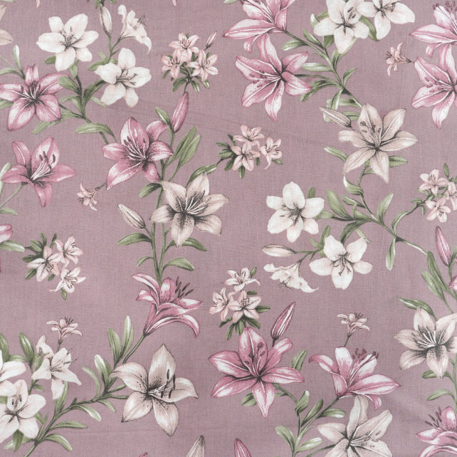Tissu Coton Grandes Fleurs de Lys Roses Fond Vieux Rose | Laize 1m55