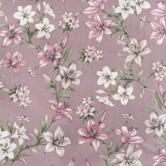 Tissu Coton Grandes Fleurs de Lys Roses Fond Vieux Rose | Laize 1m55