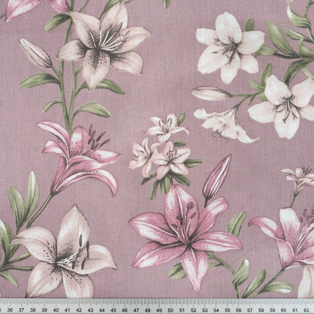 Tissu Coton Grandes Fleurs de Lys Roses Fond Vieux Rose | Laize 1m55
