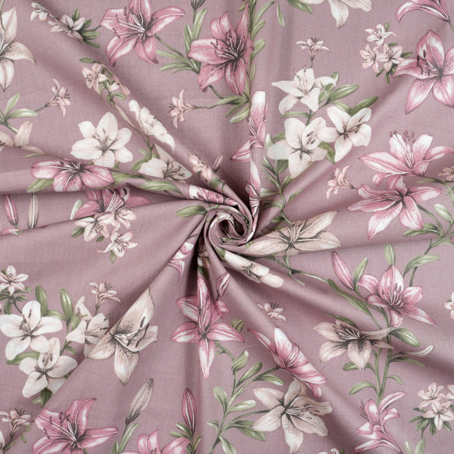 Tissu Coton Grandes Fleurs de Lys Roses Fond Vieux Rose | Laize 1m55