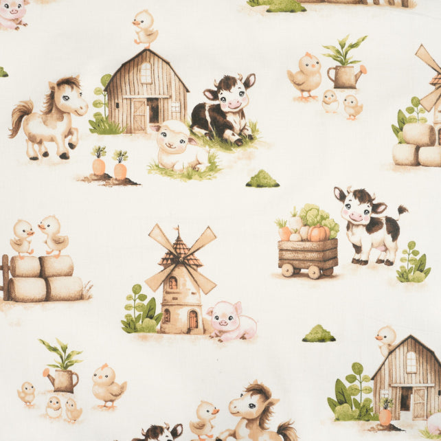 Tissu Coton Grange Moulin Ferme Fond Beige | Laize 1m55