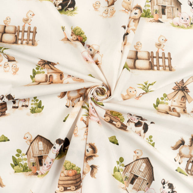 Tissu Coton Grange Moulin Ferme Fond Beige | Laize 1m55