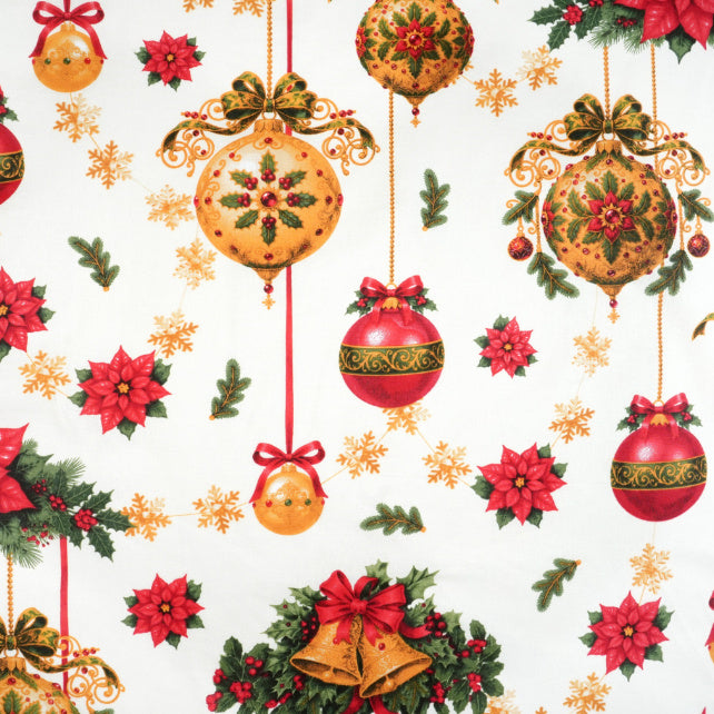 Tissu Coton Noël Guirlandes Boules Fond Blanc | Laize 1m55