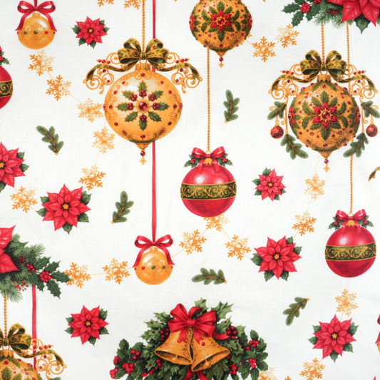 Tissu Coton Noël Guirlandes Boules Fond Blanc | Laize 1m55