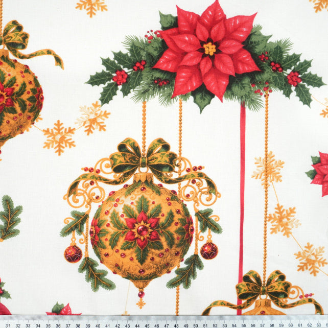 Tissu Coton Noël Guirlandes Boules Fond Blanc | Laize 1m55