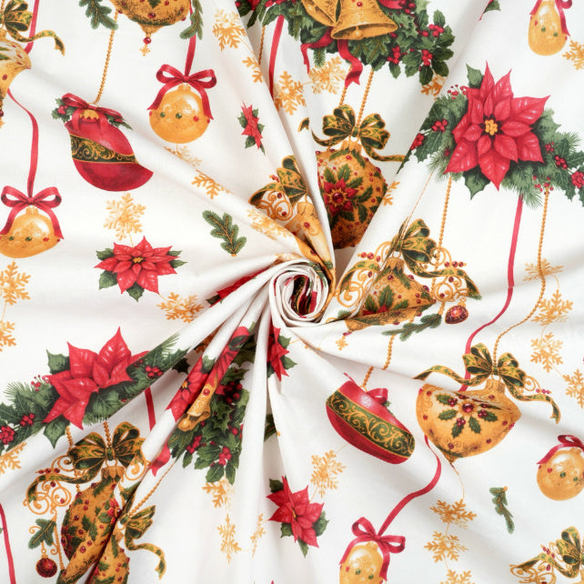 Tissu Coton Noël Guirlandes Boules Fond Blanc | Laize 1m55