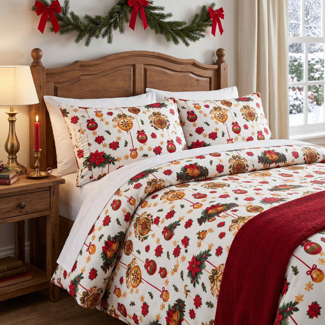 Tissu Coton Noël Guirlandes Boules Fond Blanc | Laize 1m55
