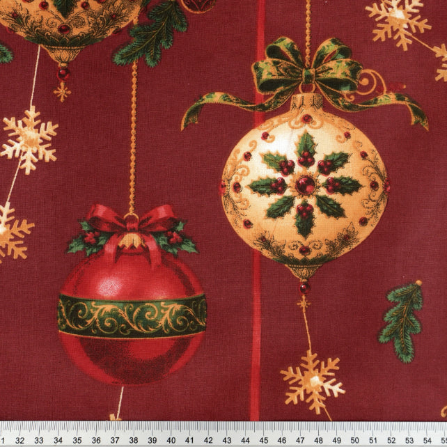 Tissu Coton Noël Guirlandes Boules Bordeaux Blanc | Laize 1m55