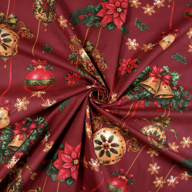 Tissu Coton Noël Guirlandes Boules Bordeaux Blanc | Laize 1m55